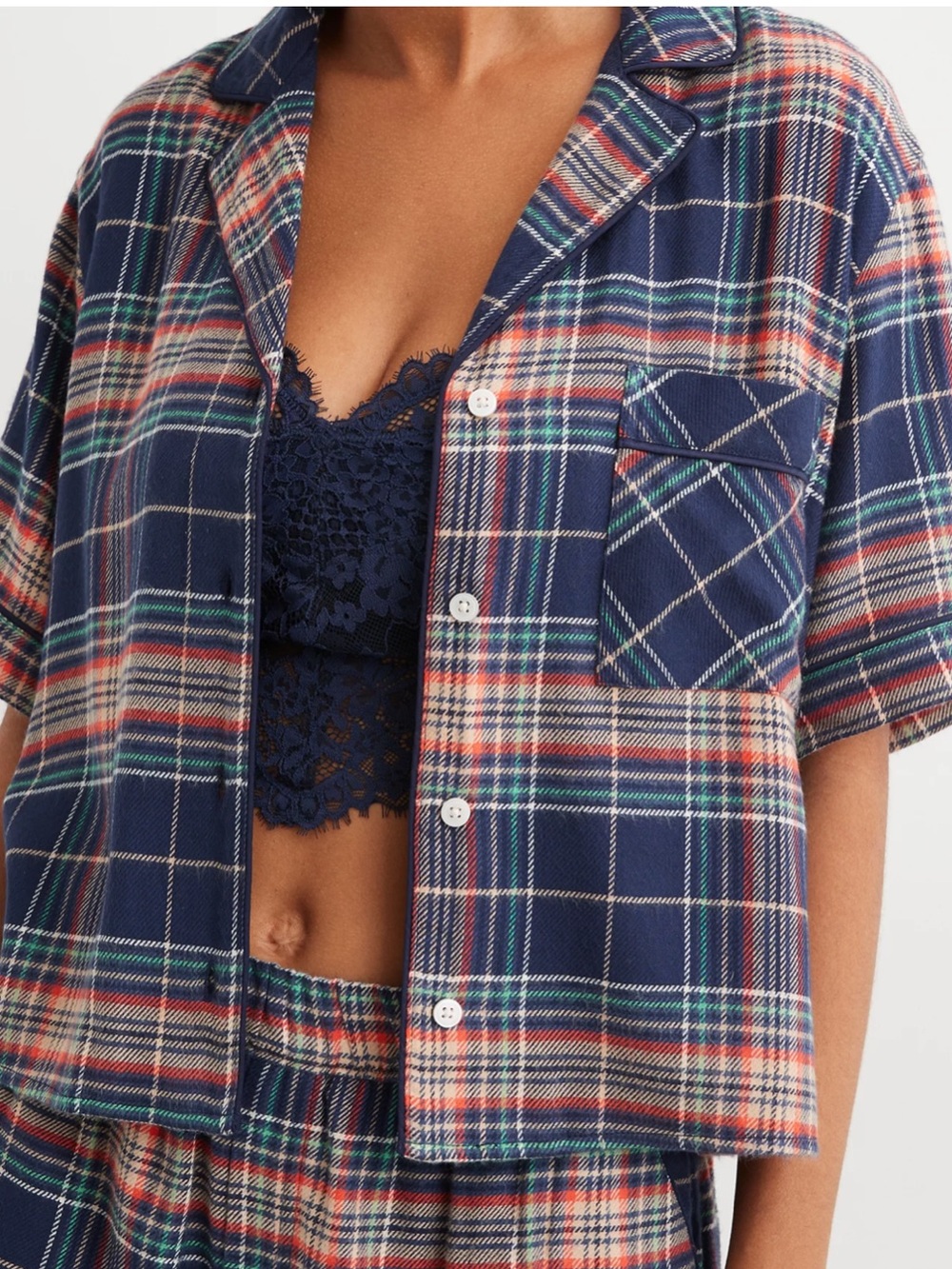 Aerie Flannel Pajama Shirt XL Navy Plaid Tartan Sleepwear Button Front